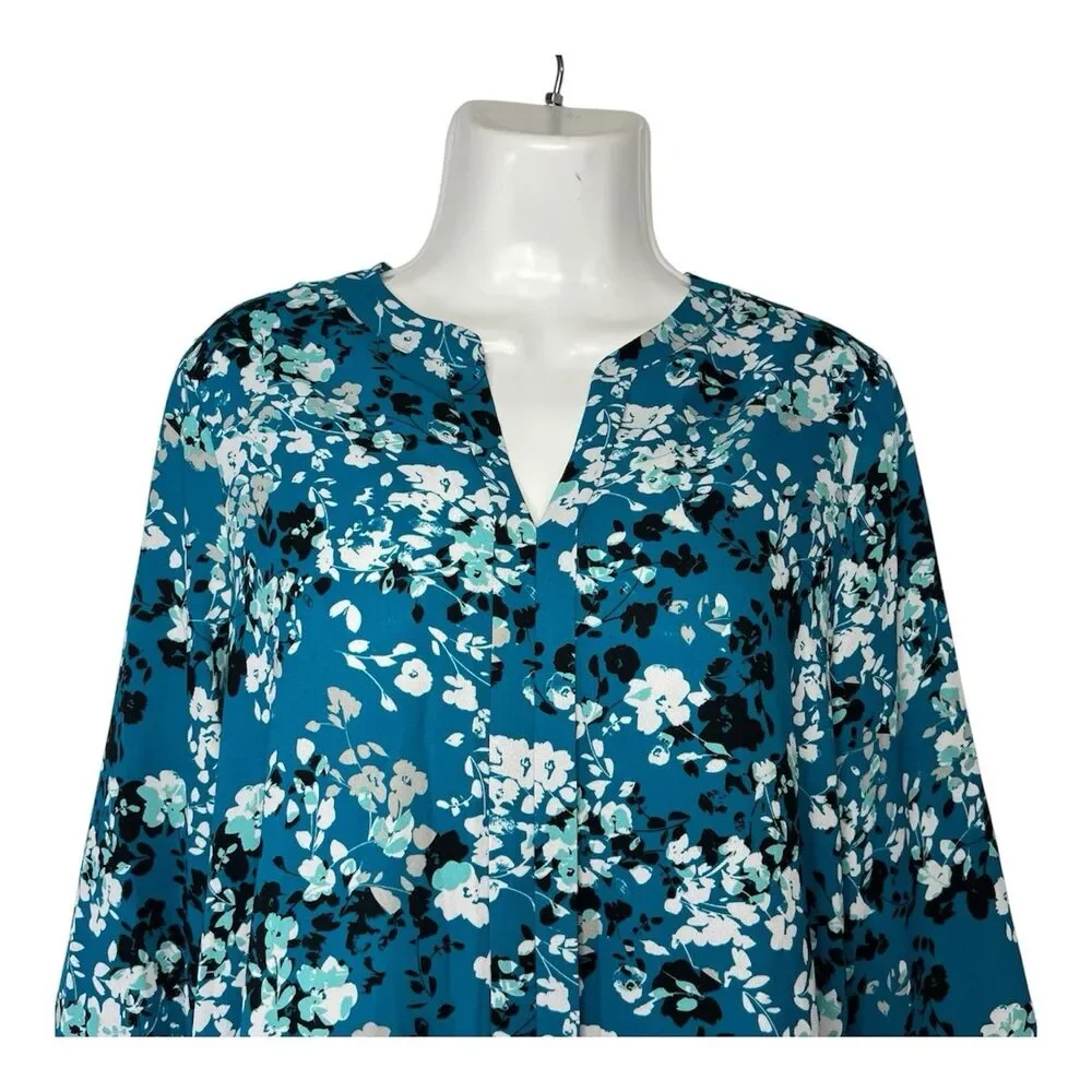 Dana Buchman Top Blouse Sz Medium Teal Blue Floral 3/4 Sleeve Split Neck Career
